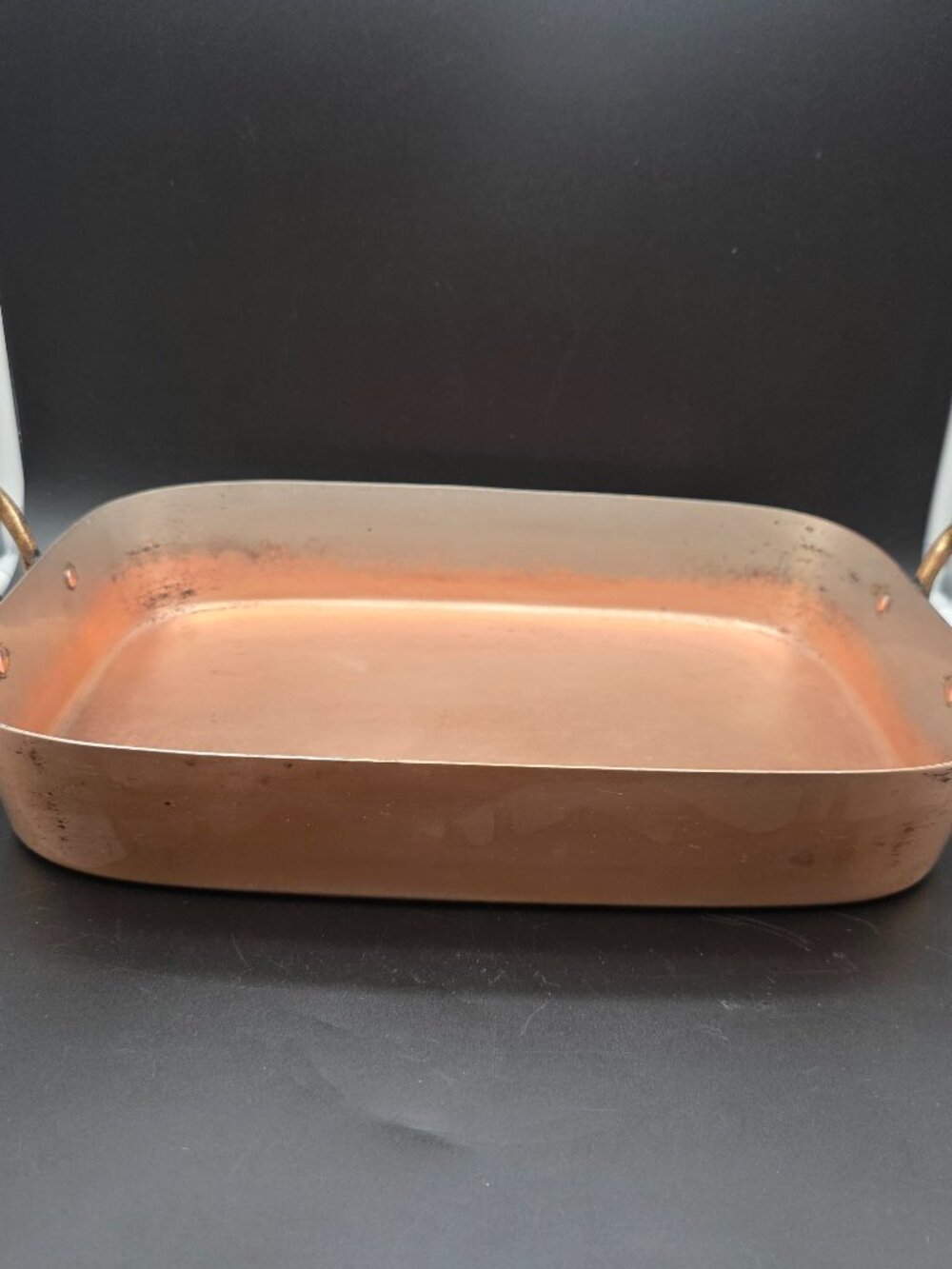 VTG Made Korea Hammered Copper Roasting Pan Rectangle Brass Handles 14.5"x10"